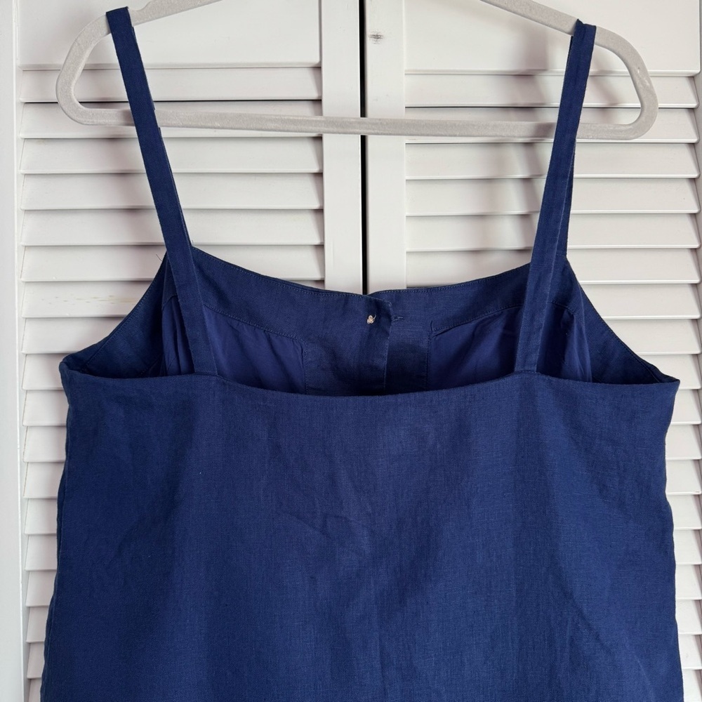 J.Crew Claudia Linen Navy Dress Buttons Front Straps Tennis Prep Large Tall - Picture 9 of 11